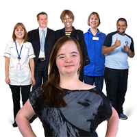 a woman with learning disabilities with a team behind her